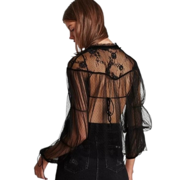 Zara Woman Embroidered sheer Tulle Top Witchy velvet Bow Black Size L - Picture 5 of 16